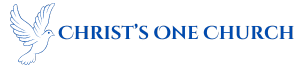 "Christ's One Church logo with a white dove and blue text representing peace and biblical identity"